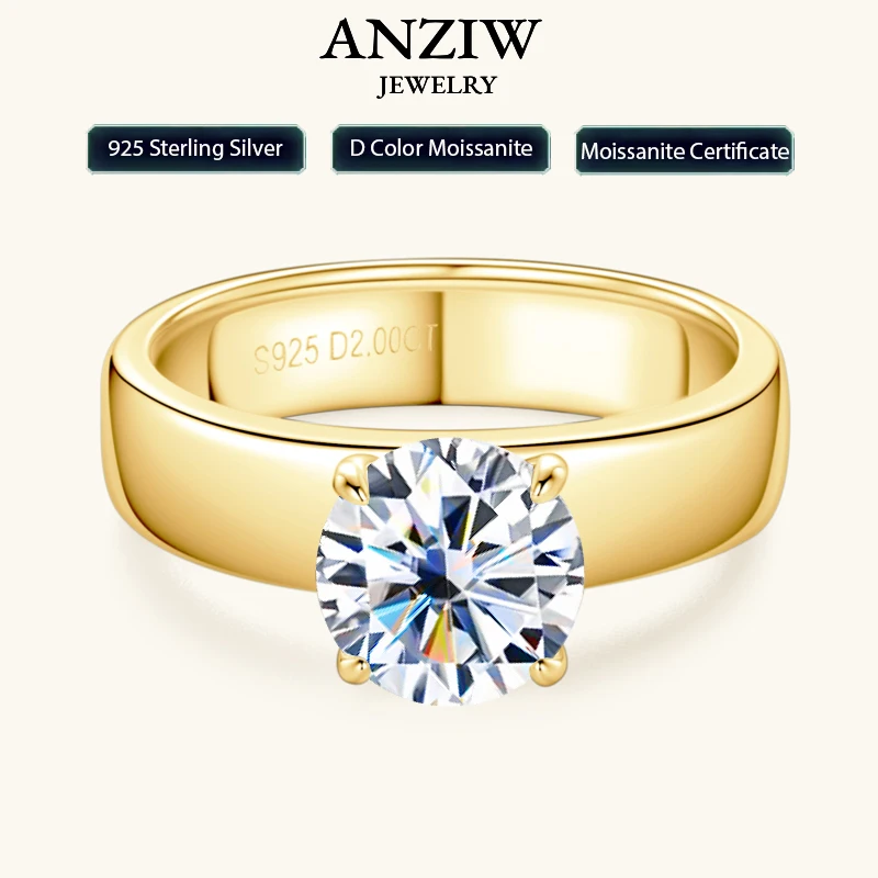 Anziw 14k Gold Plated 925 Sliver 2CT 8MM Moissanite Ring for Couple Women Men Chunky Engagement Wedding Rings Wide Finger Bands