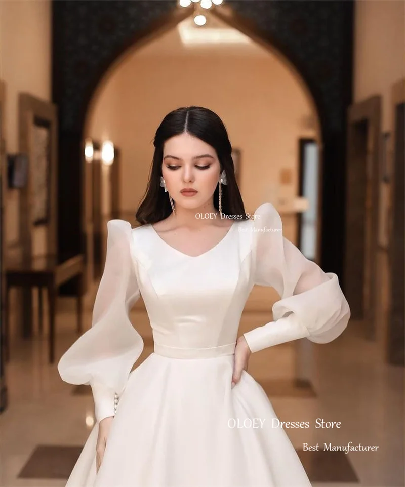 OLOEY Modest Simple A Line Wedding Dresses Classic Long Sleeves Buttons V Neck Satin Dubai Arabic Bridal Gowns Robe de mariage