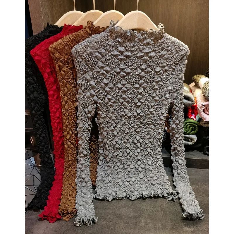 

Miyake Pleated Plisse T-shirt 2025 Fall Design T-shirt New Slim Wooden Ear Rim Stand-up Collar Pleats Long-sleeved Blouse Female