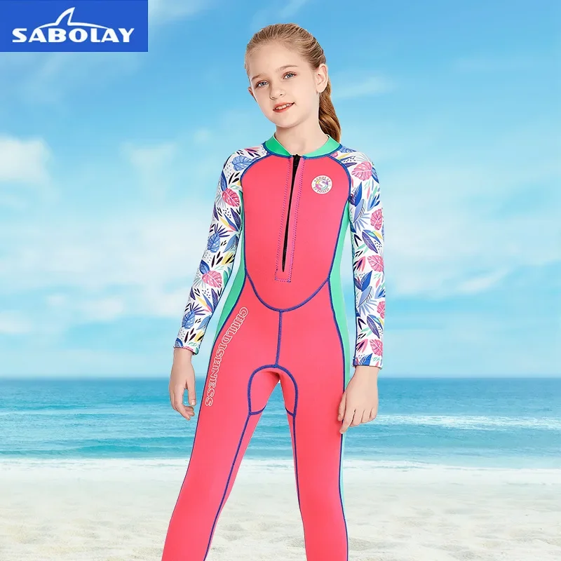 Sabolay-Neoprene Diving Wetsuit for Kids, Children's Swimwear, Spearfishing Suit, Swimming Suit for Girls, Jump Suit, 2mm