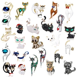 Cute shiny crystal cat brooch vintage creative animal kitten design pin men's and women's clothing badge corsage jewelry gifts