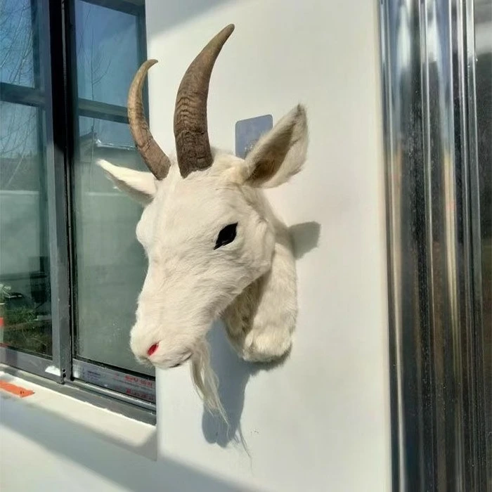 

Genuine Fur Simulation Animal Wall Mount Taxidermy Goat Head with Horns Wool Handmade Home Decor