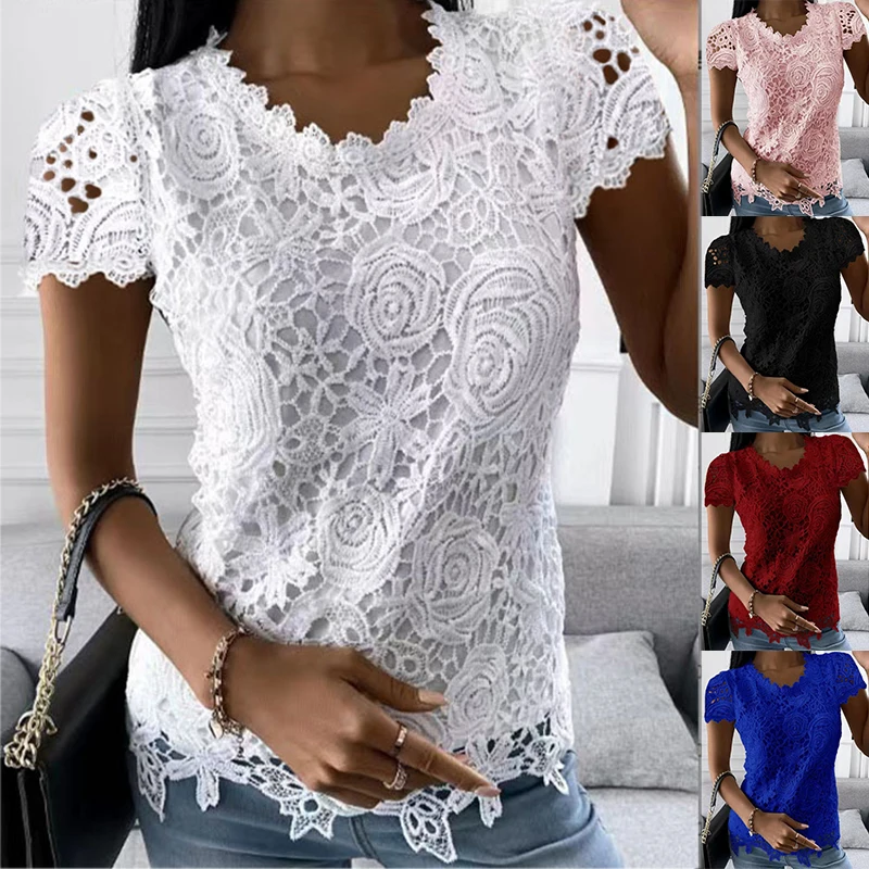 

Women's casual lace hollow top with round neck solid color short sleeved T-shirt fashionable and elegant clothing for women