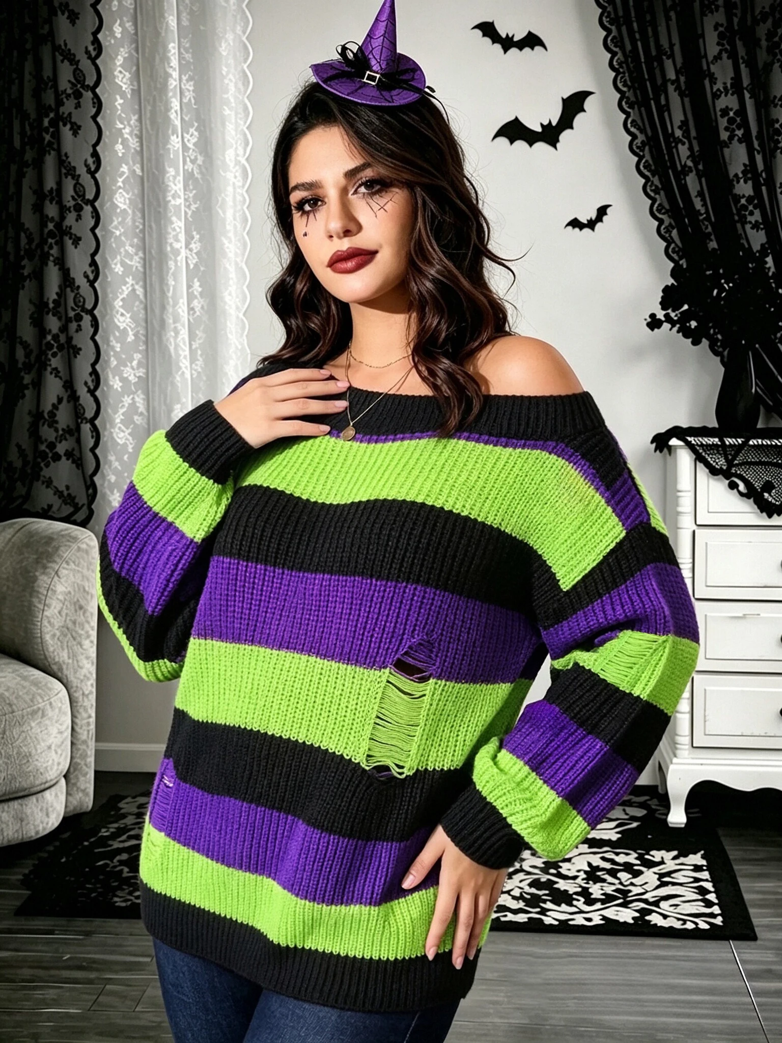 Women's Plus Size Halloween Striped Sweater Off Shoulder Distressed Knit Pullover Y2K Gothic Punk Oversized Fall Winter Top