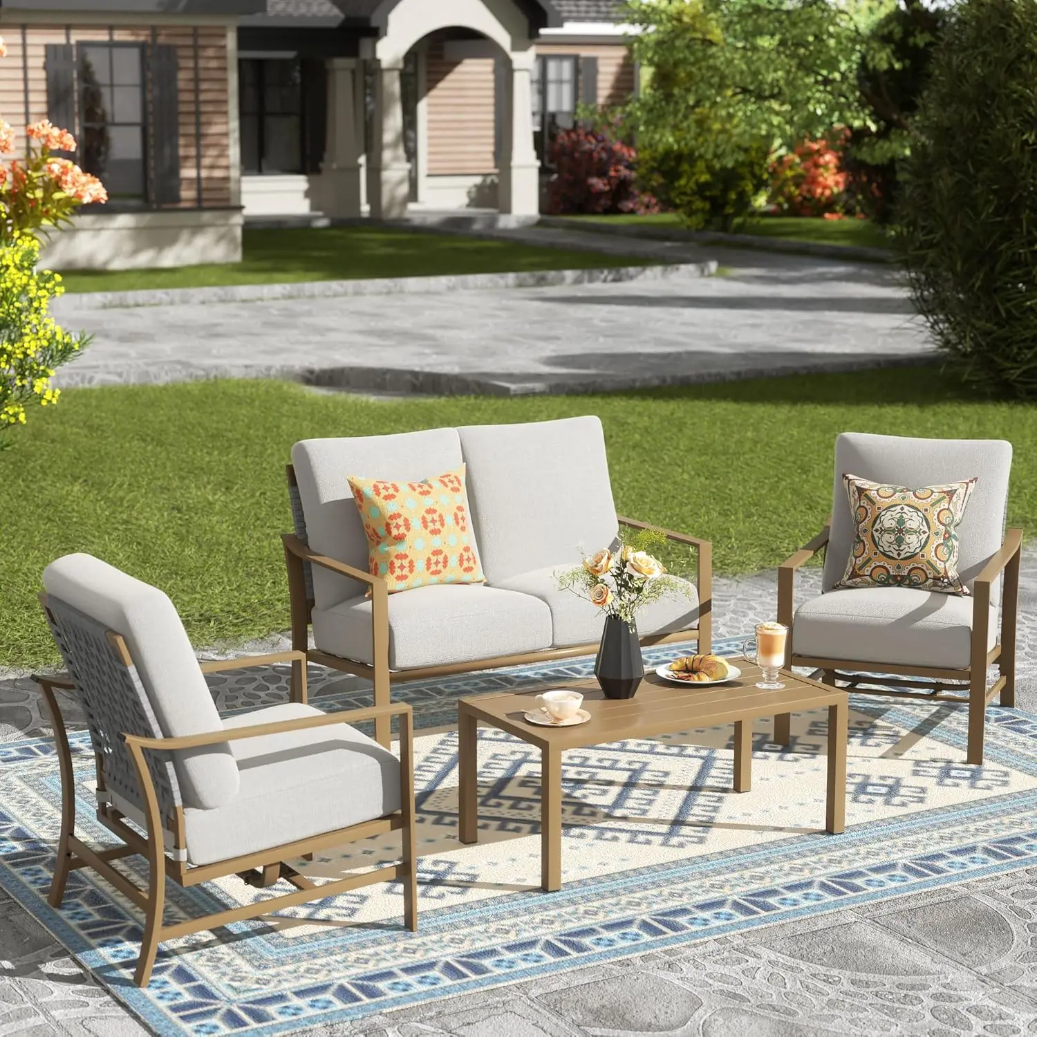 

4 Pieces Patio Furniture Sets,Modern Metal Outdoor Conversation Sets With All Weather Hand-Woven Rope Chairs,High, Customized