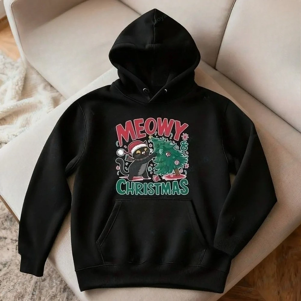 New Meowy Christmas Cat Sweatshirt Funny Cat Lover Christmas Clothing Xmas Women Men Casual Festive Holiday Hoodies Fashion Tops