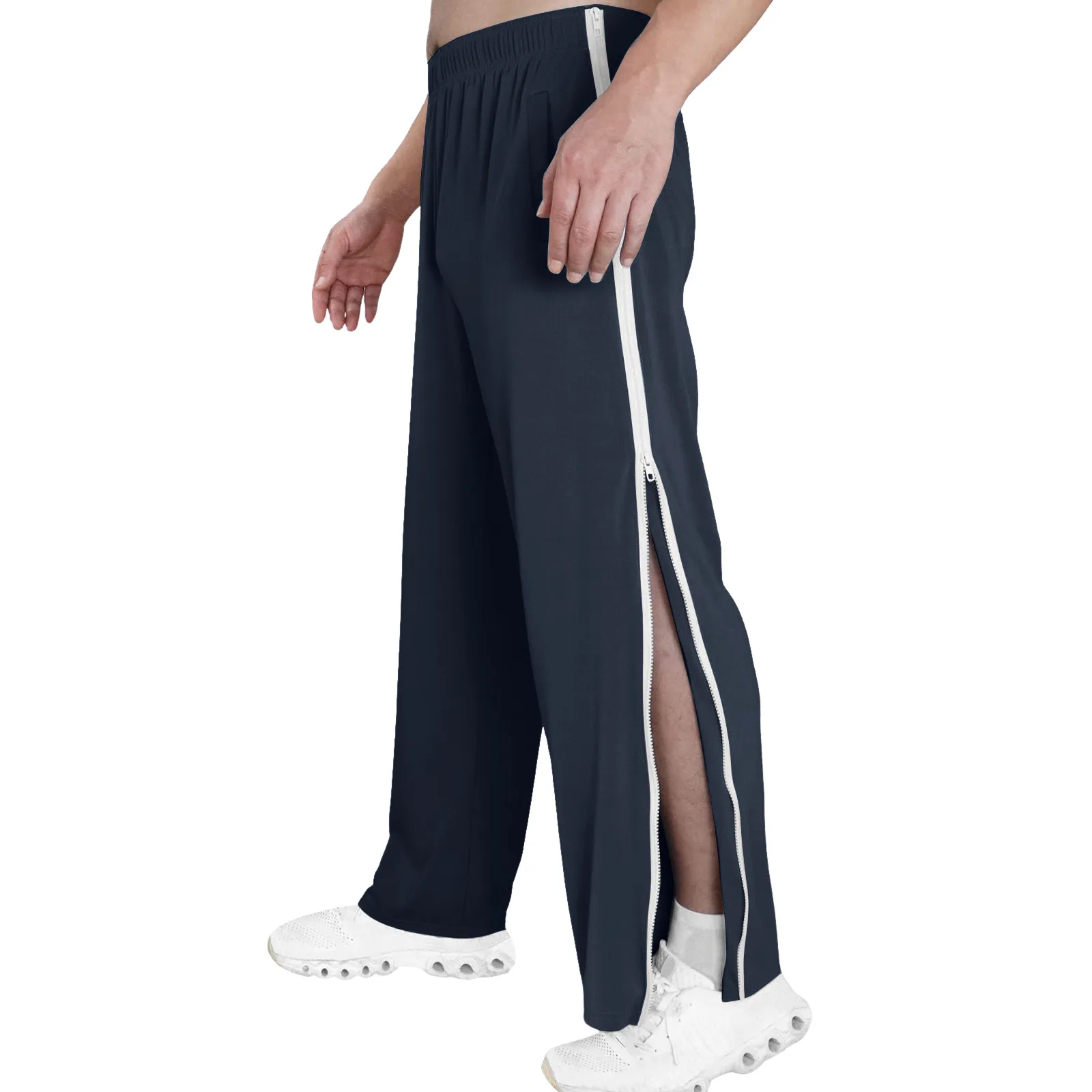 Mid-Rise Men Sweatpants Elastic Waistband Pockets Sports Trousers Splicing Color Wide Leg Side Zipper Basketball Pants