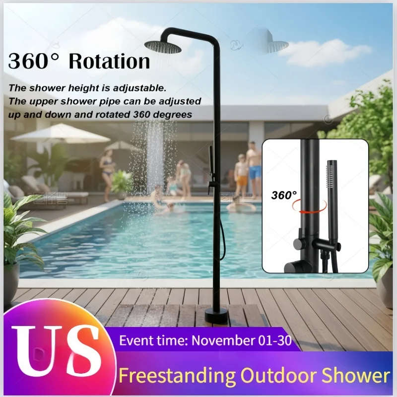 

Hot and Cold Freestanding Garden Shower Kit Black Brushed Finish Weather-Resistant Durable Design for Backyard Garden/Pool/Beach