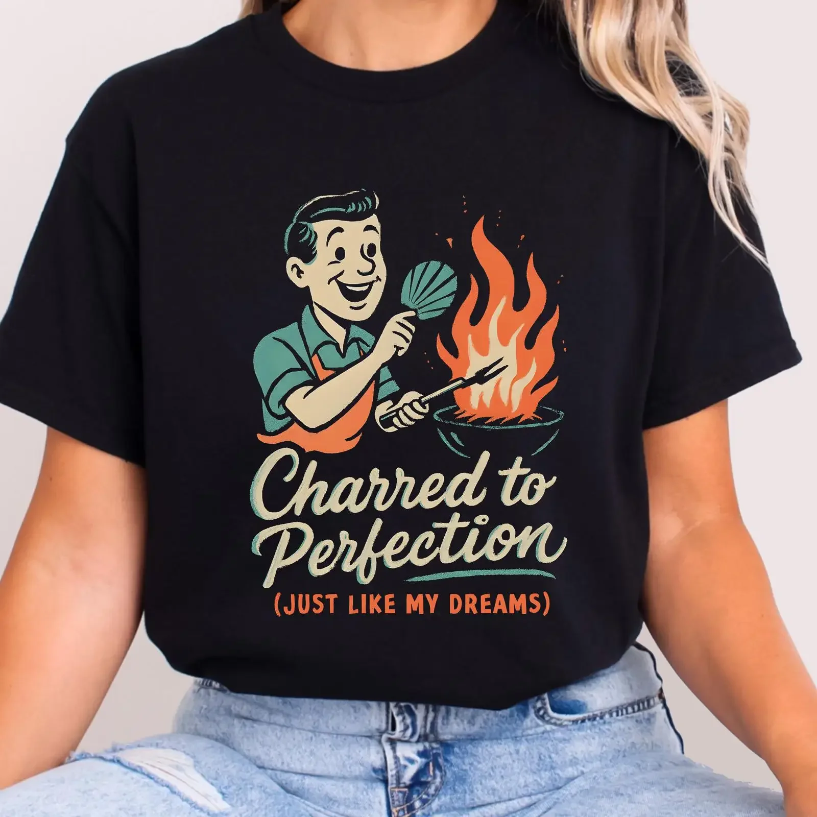 Charred to Perfection Funny Retro BBQ Grill T Shirt for Dad Pitmaster Backyard Cookout Enthusiasts vintage Washed fashion