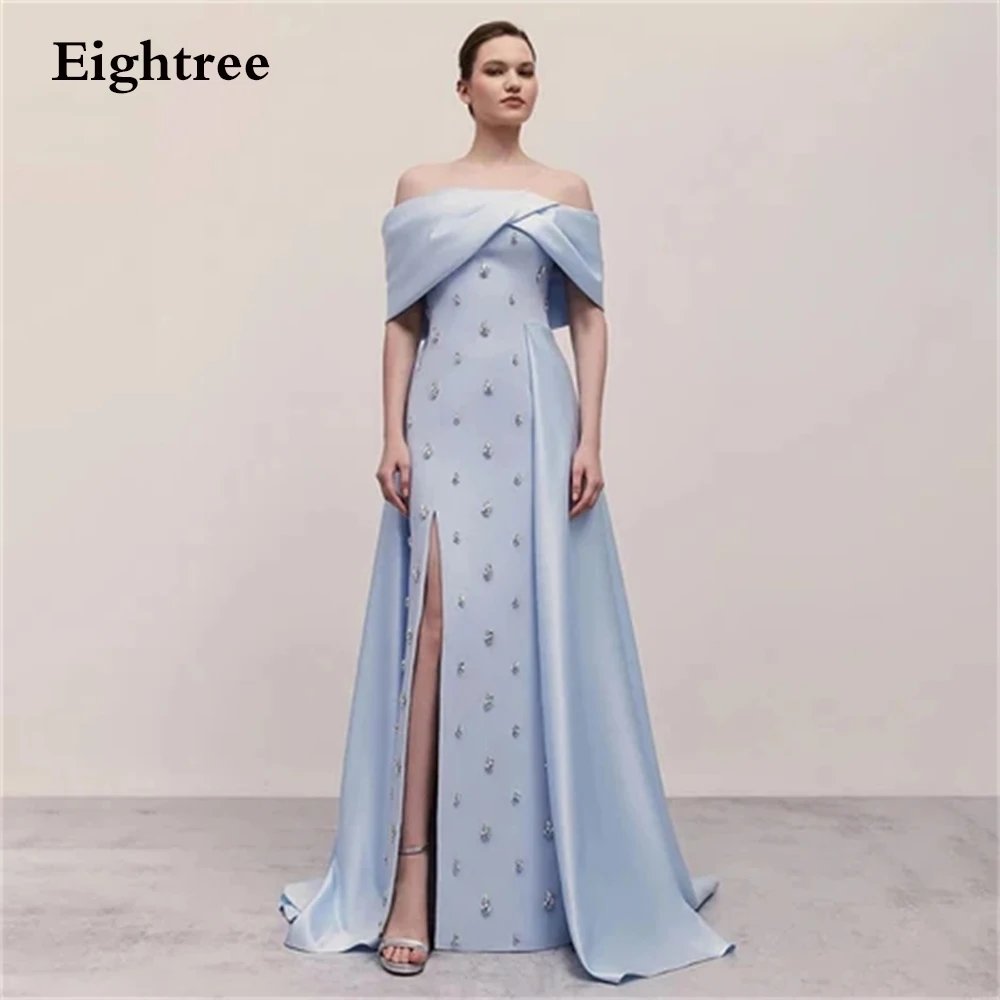 Eightree-Vestidos de Noche de Arabia Saudita para mujer, vestido de graduación azul cielo con cuentas de cristal, volantes, barco, ocasión Formal, vestidos de fiesta de noche