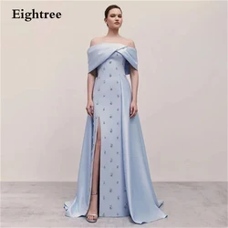 Eightree Saudi Arabia Women Evening Dresses Sky Blue Prom Dress Crystal Beaded Ruffle Boat Formal Occasion Evening Party Gowns