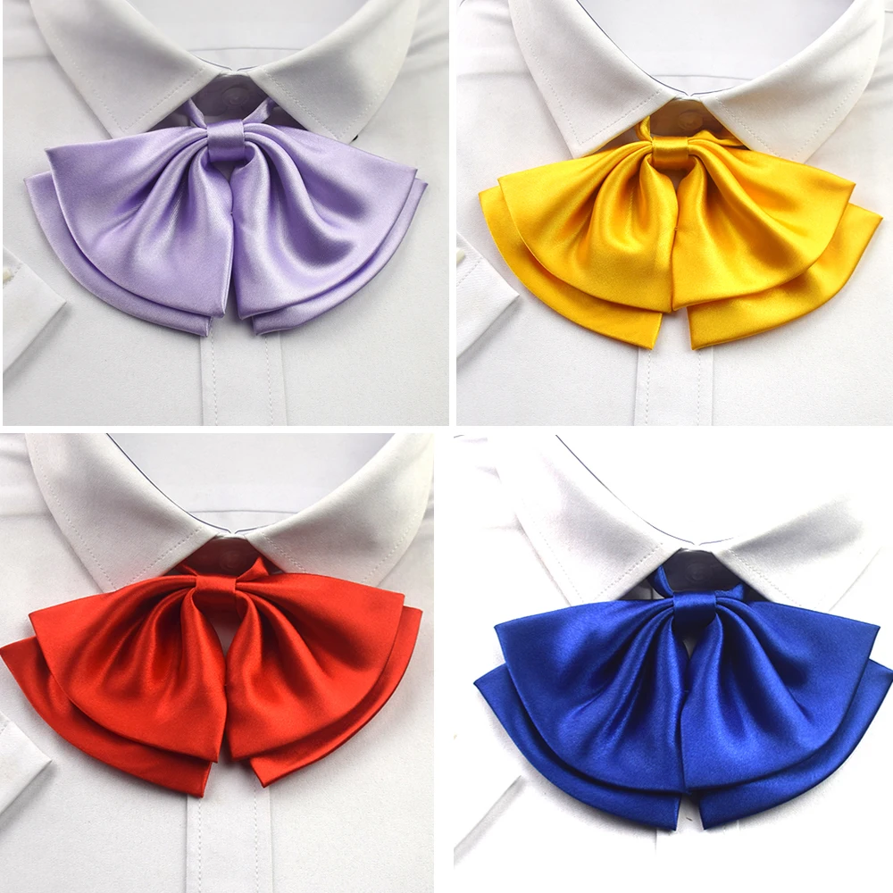 2Pcs Women's Solid Color Glossy Bow Student Group Chorus Performance Bow Tie Burgundy Saffron Big Red Necklace