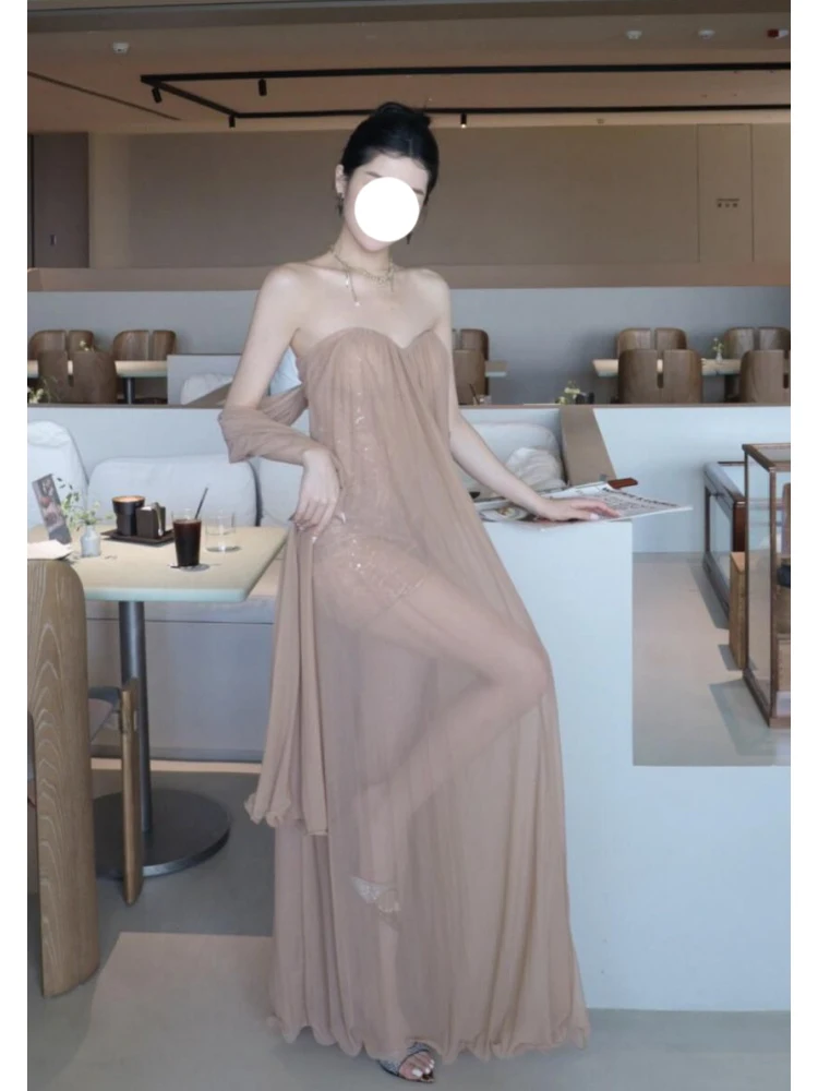 

Super Fairy Style New Gentle Elegant Plus Size Ribbon Splicing Mesh Off-Shoulder Loose Dress