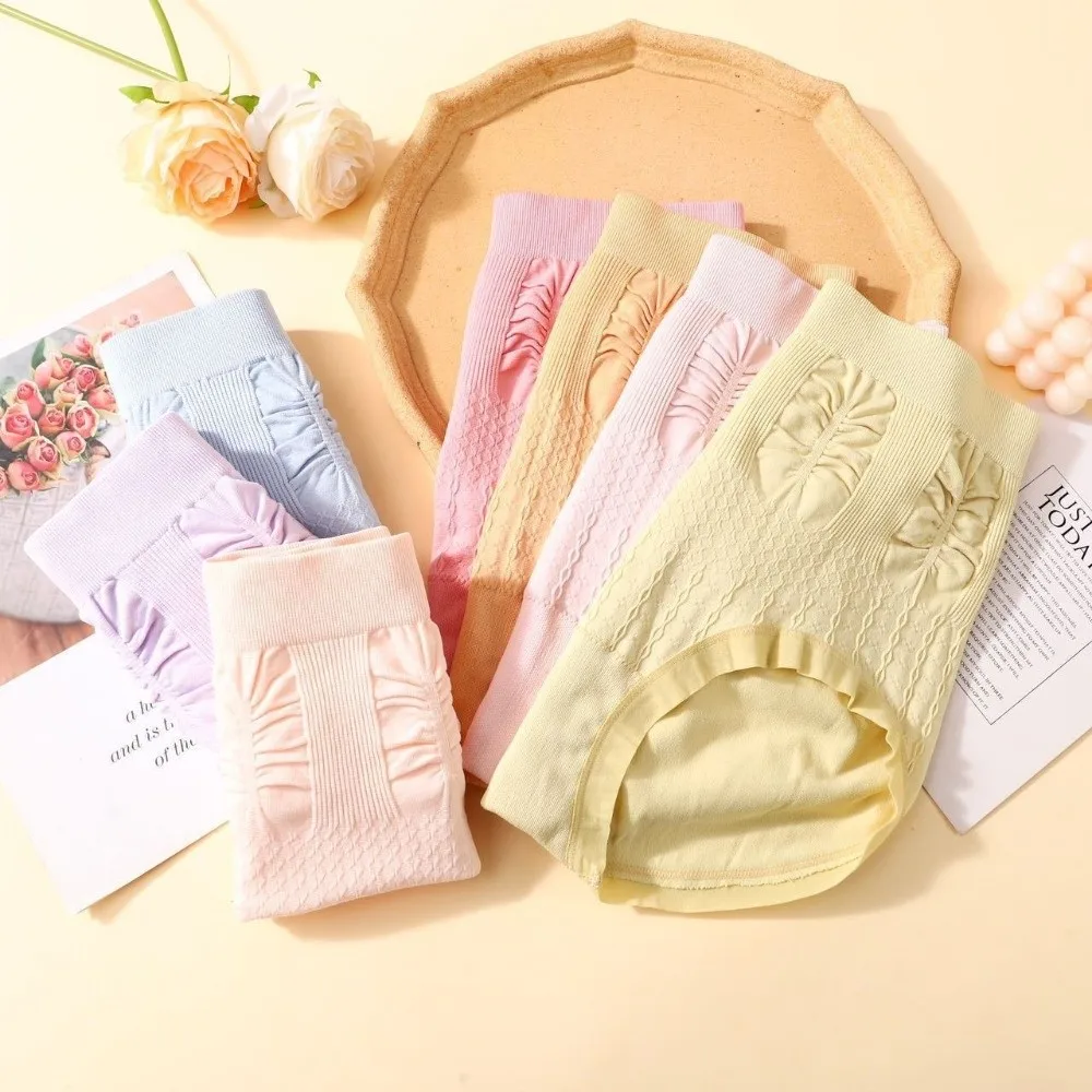 7-teiliges Set aus süßen Damen-Slips mit hoher Taille, Damen-Dessous, Unterwäsche, Rüschen-Slips, einfarbig, bequem, mit Schleife, Damenunterhosen. – Detail 5
