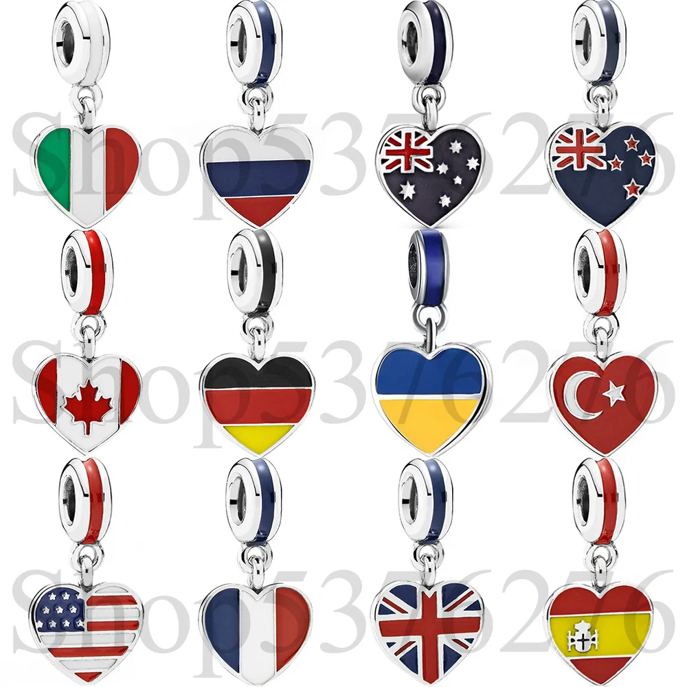 

925 Sterling Silver Bead America Canada Russia New Zealand Flag Dangle Charm Fit Fashion Women Bracelet Bangle Gift DIY Jewelry