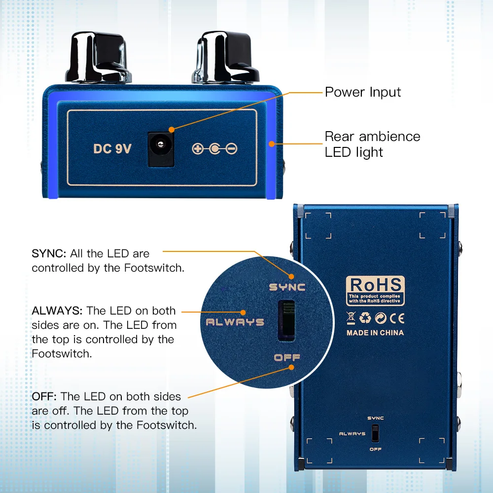 دواسة تأخير JOYO R-07 AQUARIUS متعددة الأوضاع 8 تأثيرات تأخير رقمية مدمجة في الصنبور TEMPO مع دواسة جيتار وتسجيل 5 دقائق وبير