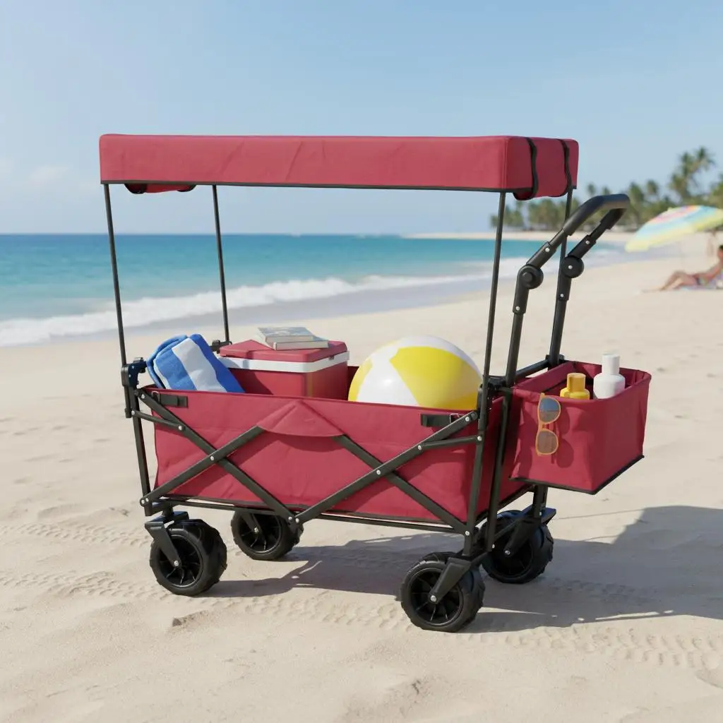

Extra Large Foldable Utility Trolley 33x18x37 Inches For Camping Grocery Shopping, Detachable Sunshade Rear Storage Basket He