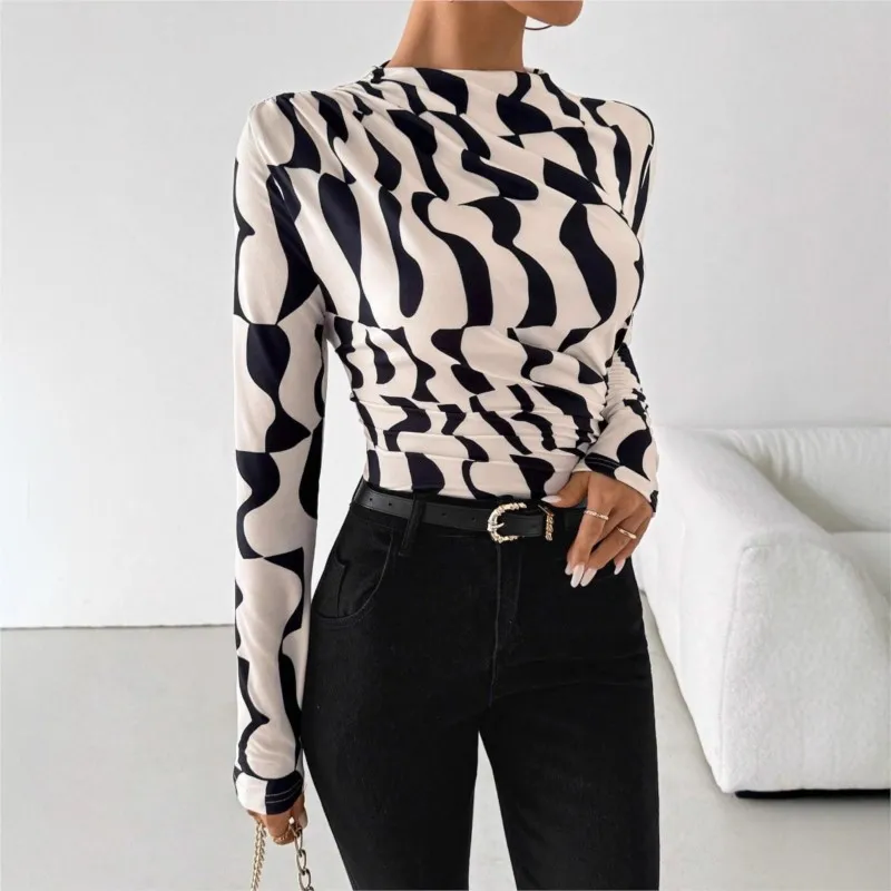 New T Shirt Slim And Form-fitting Top With A Small Stand-up Collar Pleated Edge And Printed Design For Women