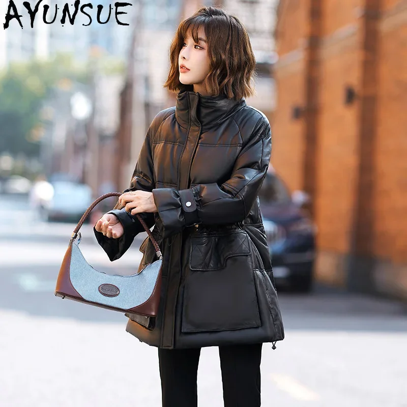 AYUNSUE-Chaqueta de piel de oveja auténtica Para mujer, abrigo holgado con cuello levantado, moda de invierno