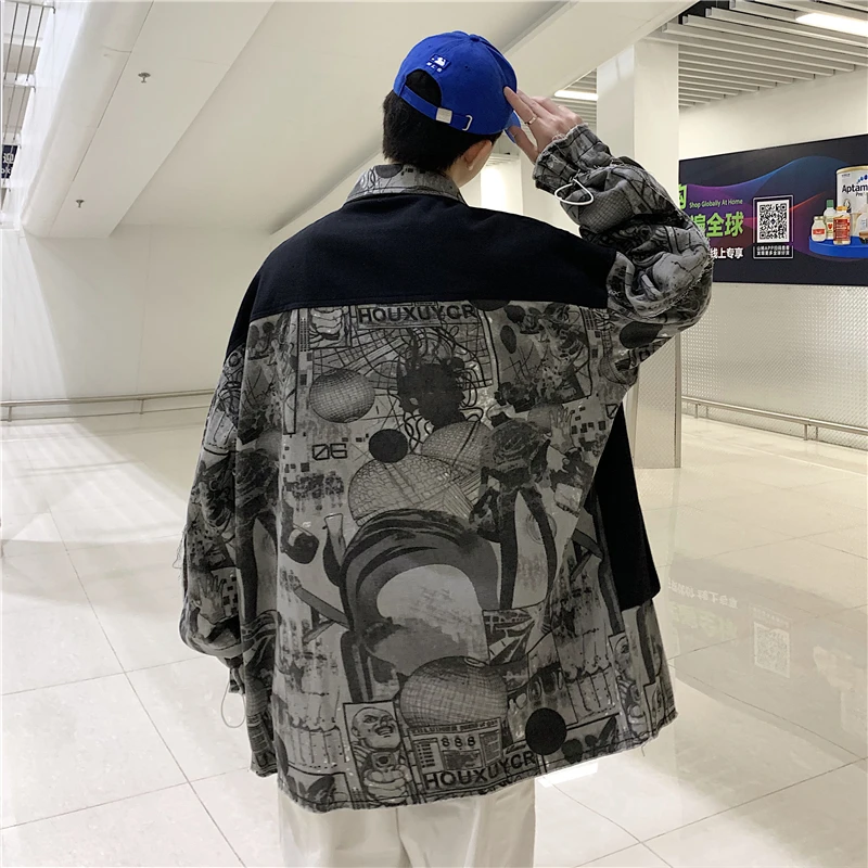 Fake Two-Piece Denim Jacket Men Hip Hop Patchwork Jeans Cargo Coat Male Spring Autumn Vintage Loose Casual Streetwear Outerwear