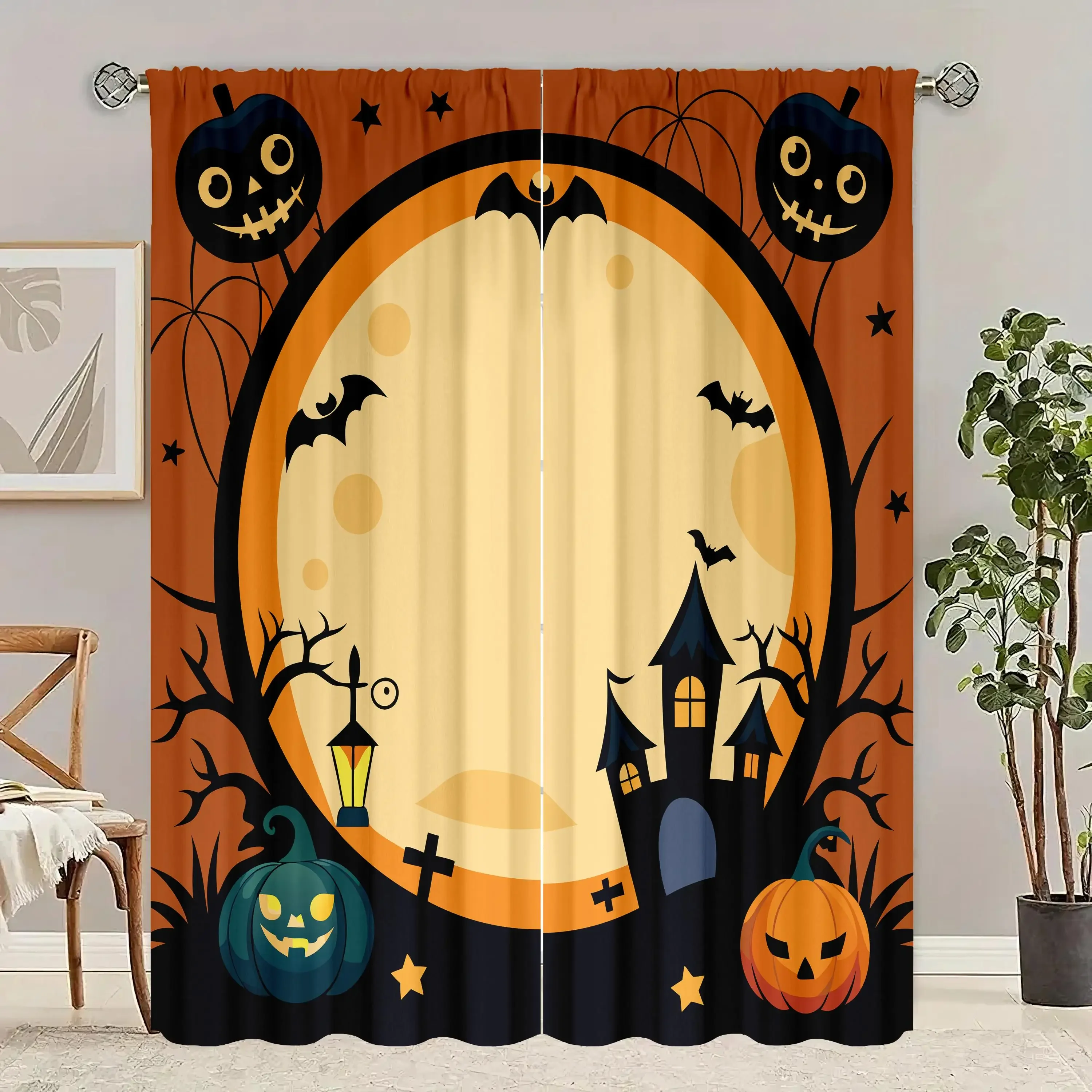 ​​Spooky Halloween Printed Curtains - 2-Piece Polyester Set for Bedroom, Living Room & Study Decor, Festive Window Treatment