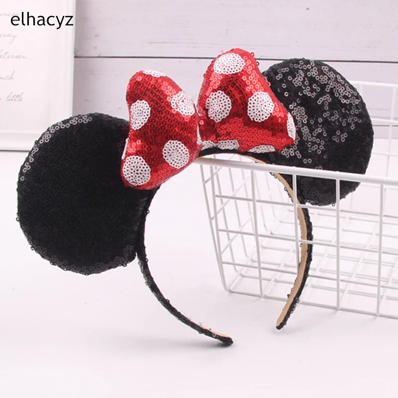 Disney-Diadema con orejas de Minnie Mouse para niña, diadema clásica de gran tamaño con lazo de punto, diadema bonita para fiesta, diadema para niña, regalo para el cabello DIY para viaje a parque de Disney