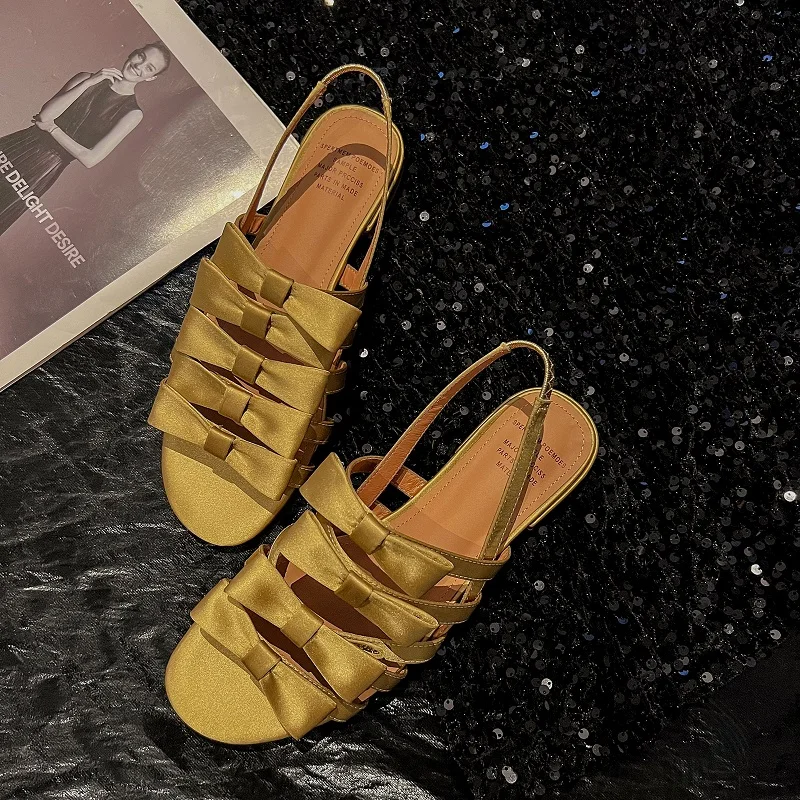 Summer Sandals Women Bowtie Shoes  Open Toe Ladies Concise Footwear Summer Golden ShoesSlip On Sweet Sandals On Flat Heels