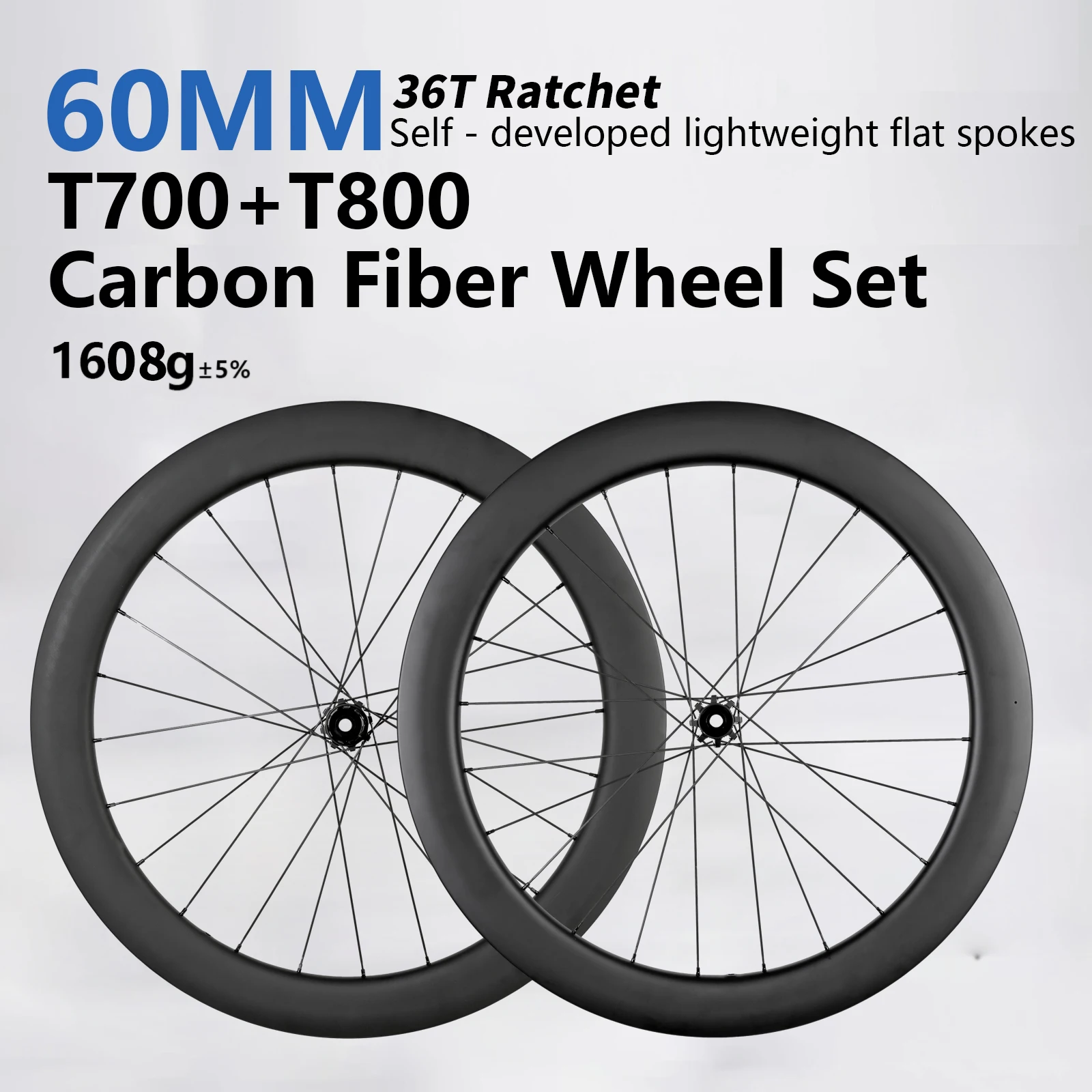 

700C Carbon Road Bike Wheelset 60MM 24H Center-lock Disc Brake Tubeless Clincher Tire T700+T800 No Logo Wheels