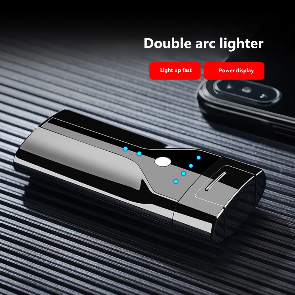 Fashion Touch Sensing Electric USB Lighter Outdoor Windproof Metal Pulse Plasma Double Arc Power Display Flameless Lighter Gift