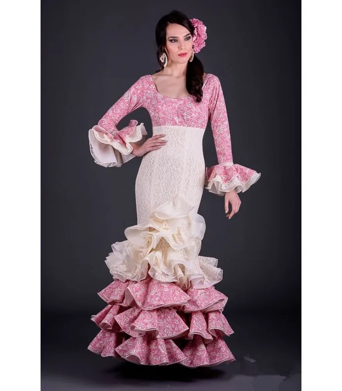 Vestido de fiesta de sirena de encaje rosa y marfil para MUJER, traje de noche de manga larga con volantes, Giralda, Luz gitana, 2023