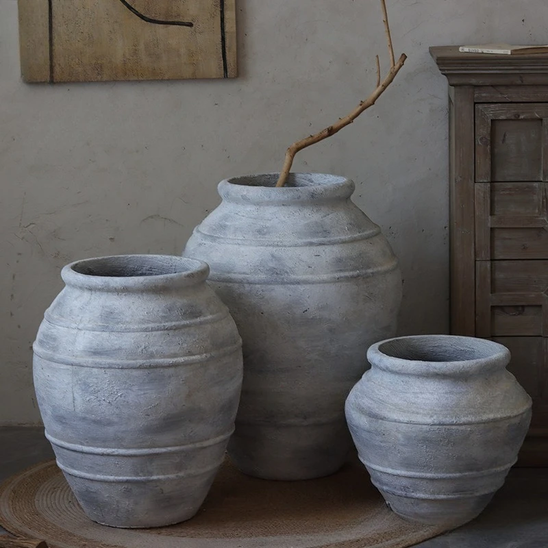 Floor-to-ceiling large clay pot homestay decoration clay pot vase vintage wabi-sabi wind vase magnesia large flower pot living r