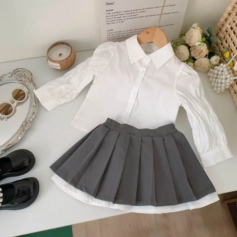 

New Baby Girls Fall Fashion Sets Puff Sleeve White Blouse + Pleats Skirts Princess Elegant Suits 2-7T