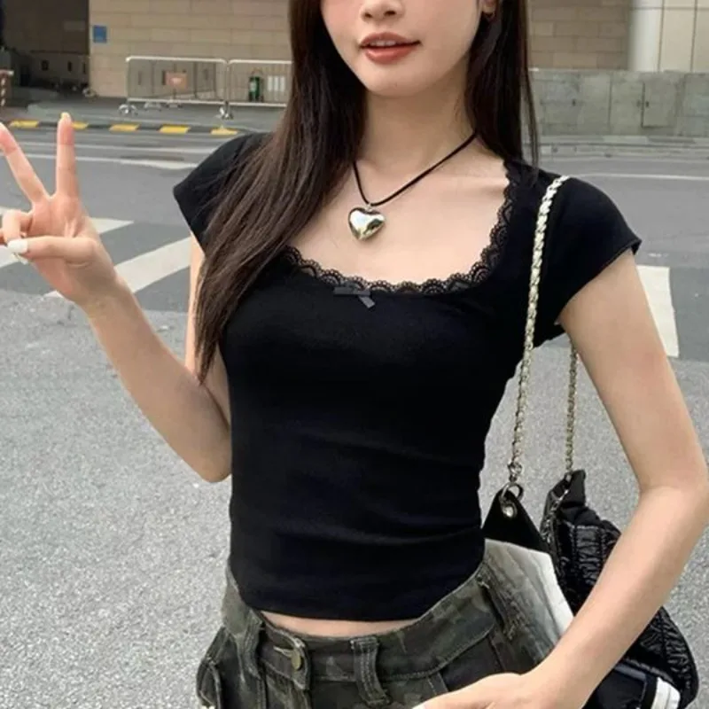 Deeptown Summer Y2k Crop Top Short Sleeve Tshirts Women Harajuku Korean Fashion Black Lace Tees Vintage Aesthetic Gyaru T Shirts