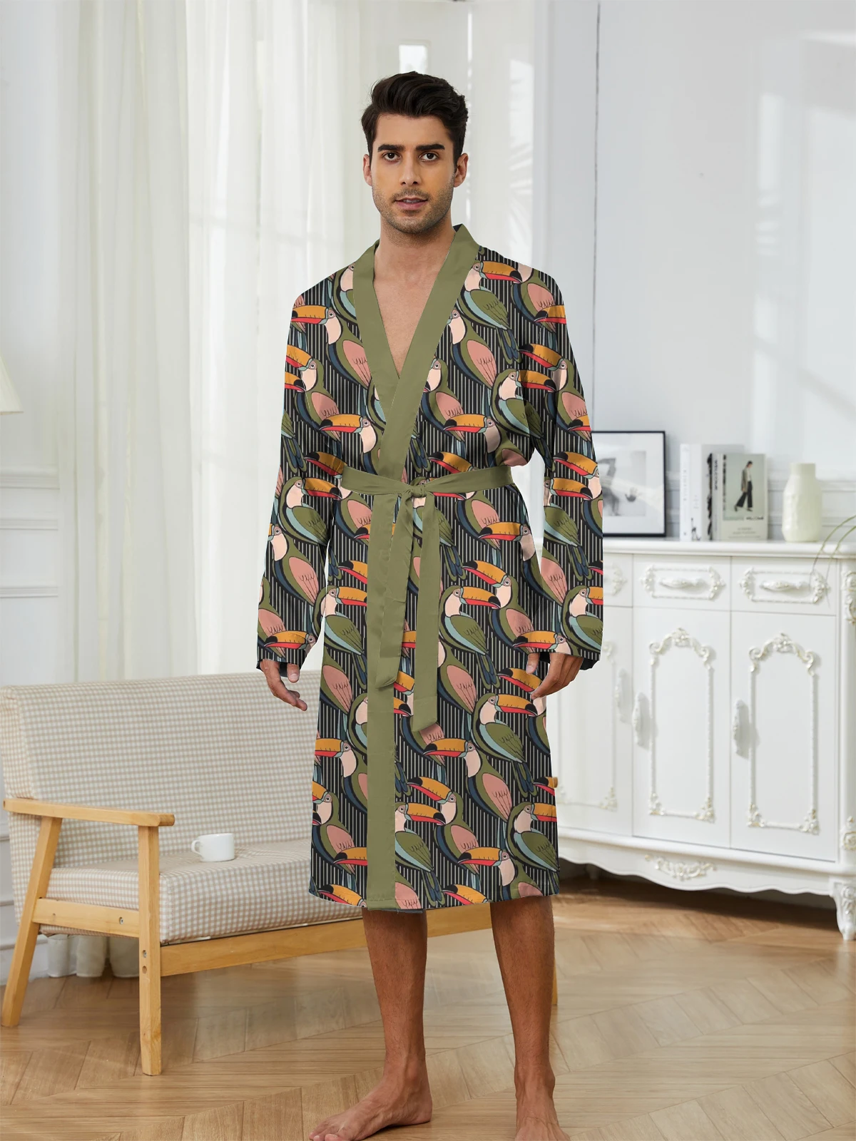 

Spring and Autumn Digital printed men's long sleepwear, fashionable and quick drying,men's bathrobes are casual and comfortable.