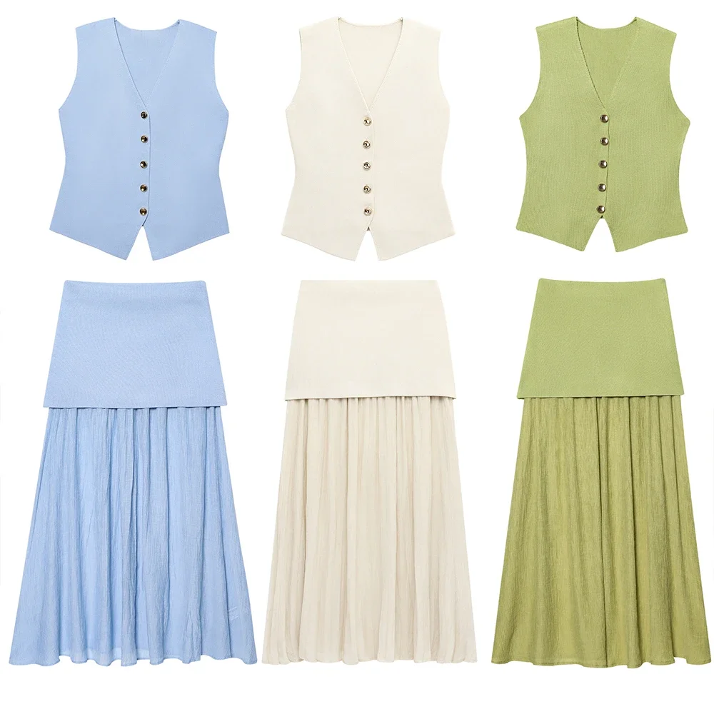 

Apper Green Baby Blue Beige Three Color V Neck Sleeveless Single Breasted Vest Splicing Design Long Skirt Women Suit Set