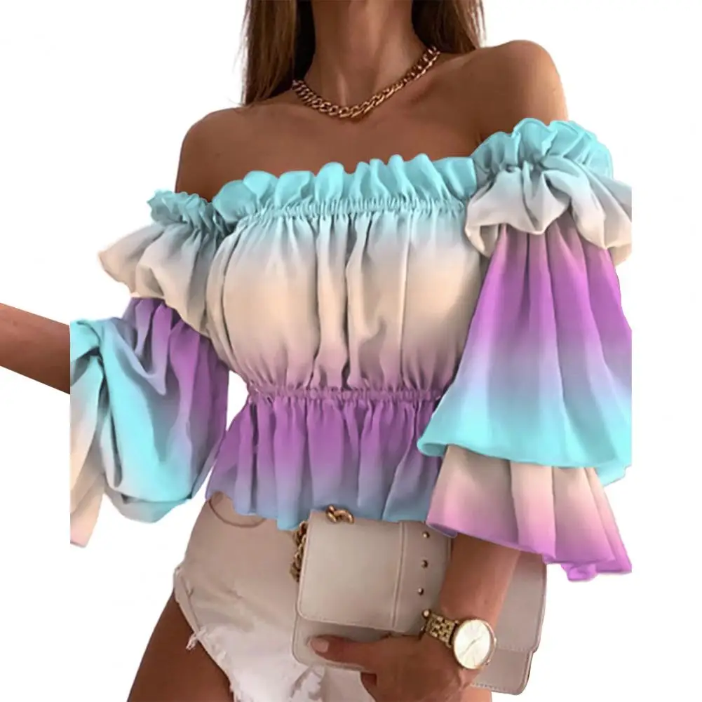 Elegant Sexy Shirt Light Off Shoulder Summer Ruffles Top Flounce Colorful Top for Stage Show