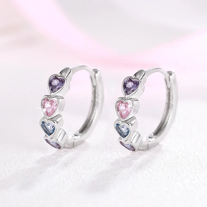 Huitan Sweet Lady Hoop Earrings Circle Shaped Inlaid Multiple Colors Shining Heart CZ Daily Anniversary Accessories Jewelry Gift