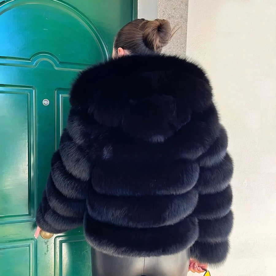블랙 폭스 퍼 후드 크롭 폭스 퍼 재킷 정품 가죽 재킷 신상 여성 천연 퍼 코트