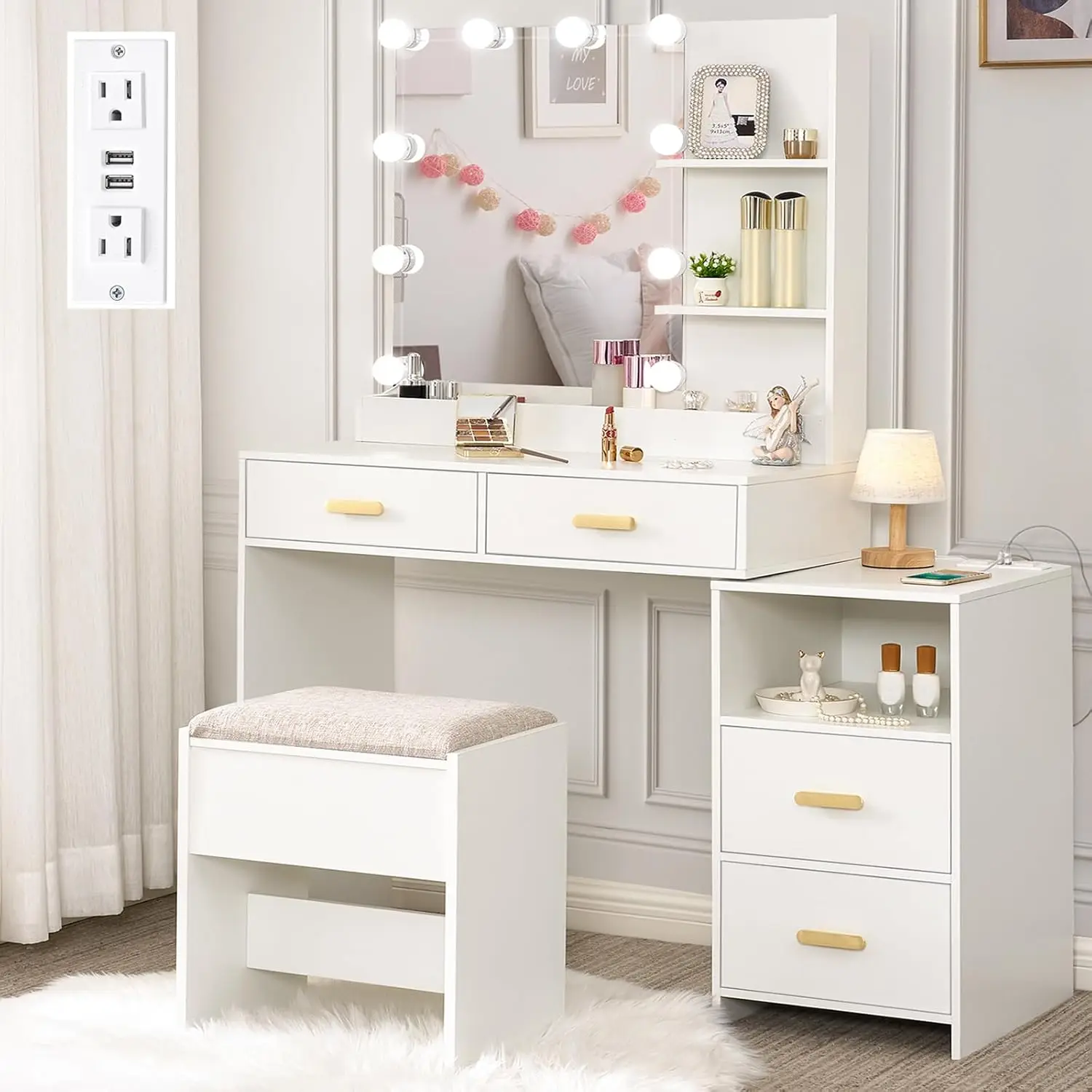 ANWBROAD Makeup Vanity Desk with Mirror and 10 LED Lights, with Power Outlet,with 5 Drawers & Shelves, 3 Light Modes, with Stool