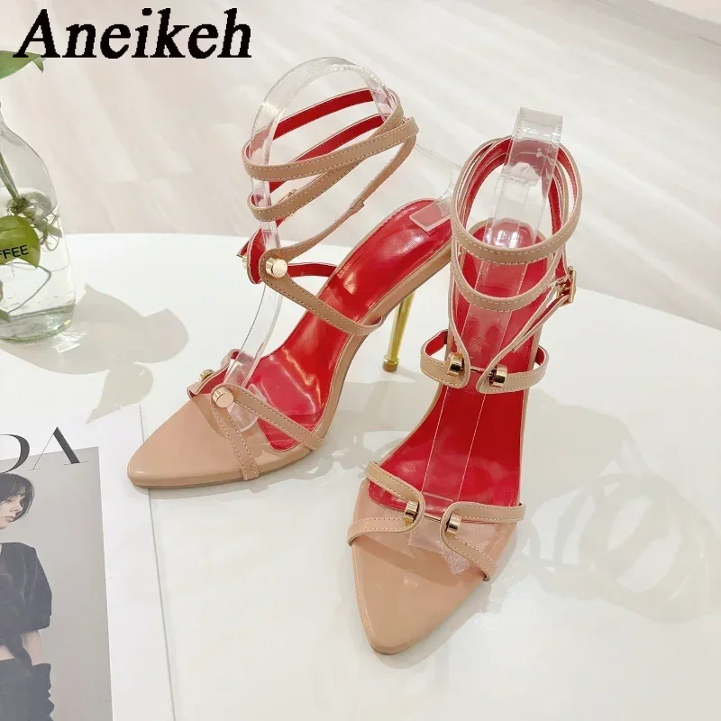 Aneikeh Roman Strap Metal Screw Tip Electroplated Fine Heel Sandals High Heels Wedding Banquet Sexy Pointed Toe Stripper Shoes