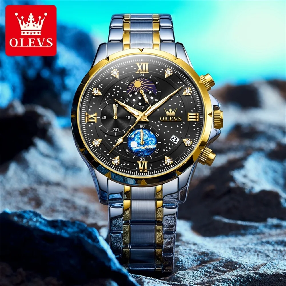 OLEVS 9807 Men\'s Watches Luxury Fashion Starry Sky Dial Chronograph Moon Phase Waterproof Original Quartz Wristwatch for Men New