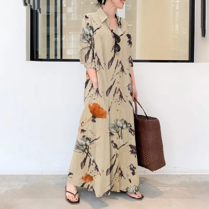เสื้อคลุมคาร์ดิแกนผ้าฝ้ายลินินพิมพ์ลายคอปกขนาดใหญ่หลวมพร้อมเสื้อคลุมยาวถึงข้อเท้าสำหรับผู้หญิง