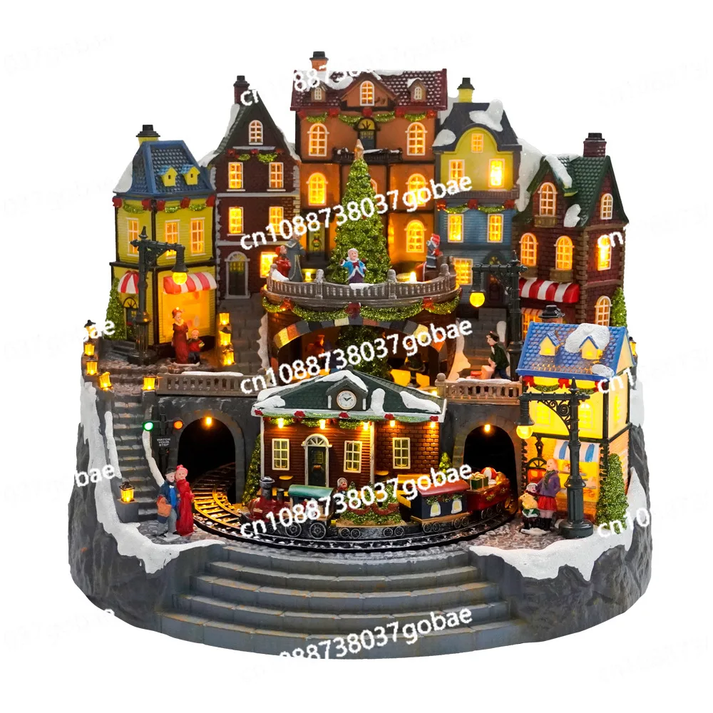

Large luminous LED music Christmas house with rotating train rotating Christmas tree Christmas decorations