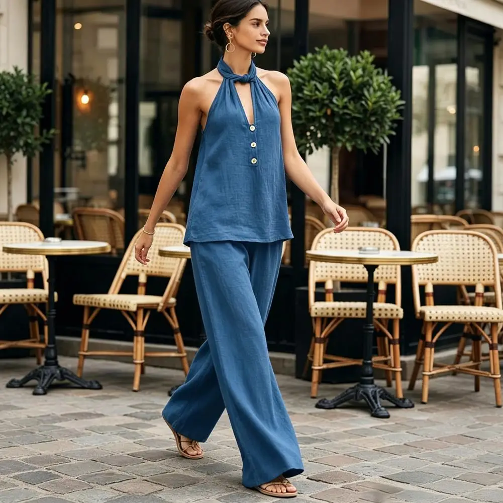 Women Vest Pants Set Summer Vintage Washed Denim Sleeveless Hanging Neck V-neck tank top Straight Leg Pants OL Commuting