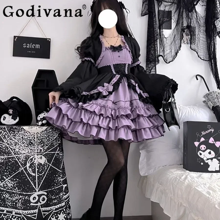 

Victorian Vintage Lolita Dress Women Gothic Cute Puff Short Sleeve Laminated Flounces Mini Dresses Bow Ruffles Princess Vestidos