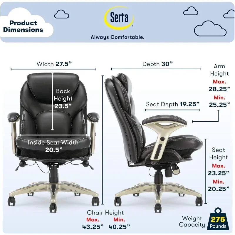 Serta Claremont Ergonomic Executive Office Chair with Back in Motion Technology, Adjustable Mid Back Desk Chair