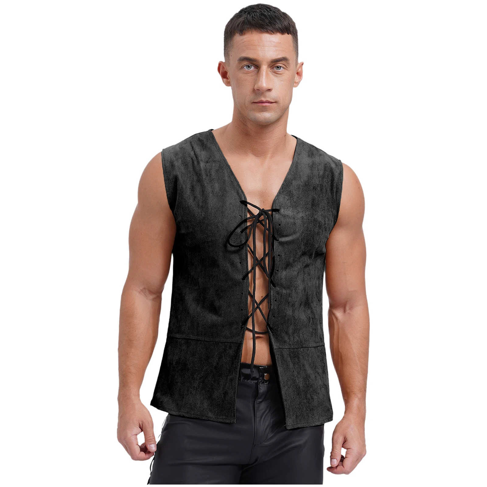 

Mens Western Cowboy Pirate Costumes V Neck Front Lace-up Vintage Vest Waistcoat for Halloween Medieval Carnival Party Cosplay