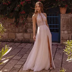 Sexy Halter Boho Wedding Gowns Customized Split Chiffon Bride Gown 2023 Backless See Through Bohemian Lace Robe de Mariage