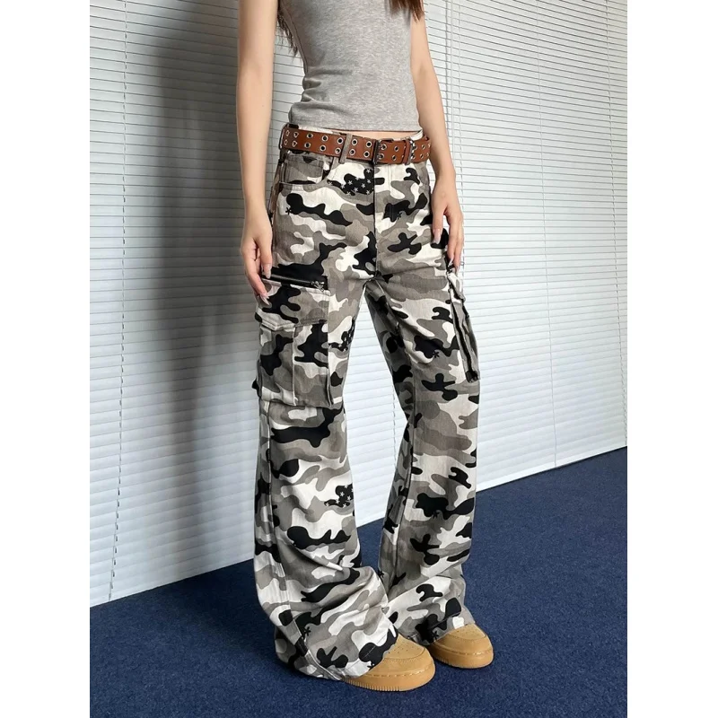 

Pantsapocket American Retro Micro Flare Camouflage Cargo Pants for Women European and American Street Style Loose Straight Desig