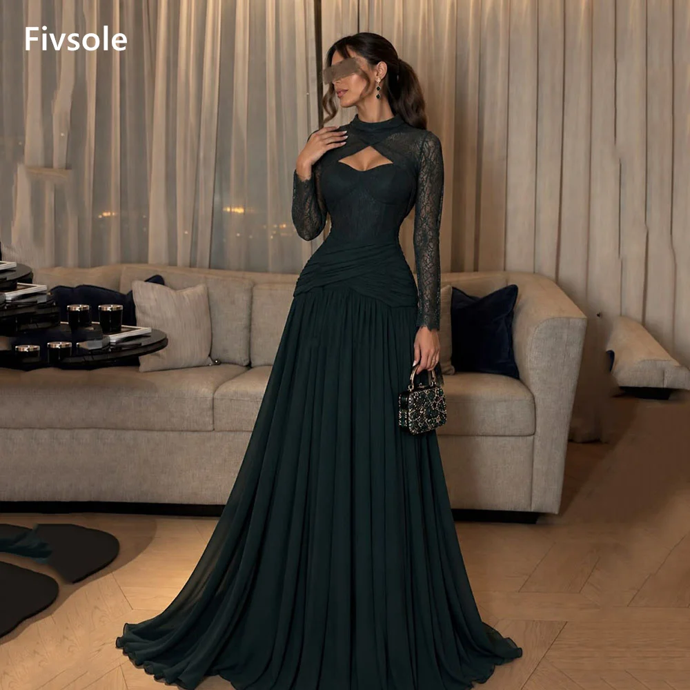 Fivsole Dark Green A-Line Evening Gown High Neck Party Dresses Lace Sleeve Corset Prom Dress 2026 Customized